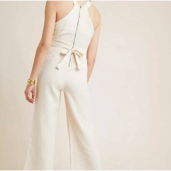 ANTHROPOLOGIE Demi Textured Jumpsuit Neutral Natural 2P Beachy Summer Boho - Picture 2 of 12